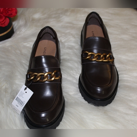 Lane Bryant NWT 10 Wide Women’s Faux Leather Brown Gold Chain Loafer Dress Shoes - Picture 3 of 9